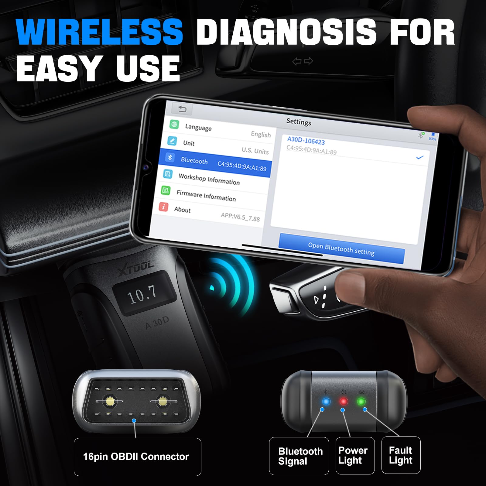 XTOOL A30D Wireless OBD2 Scanner 14 Services, ABS Bleed, Injector Coding, Oil EPB BMS SAS TPMS Reset, for iPhone and Android